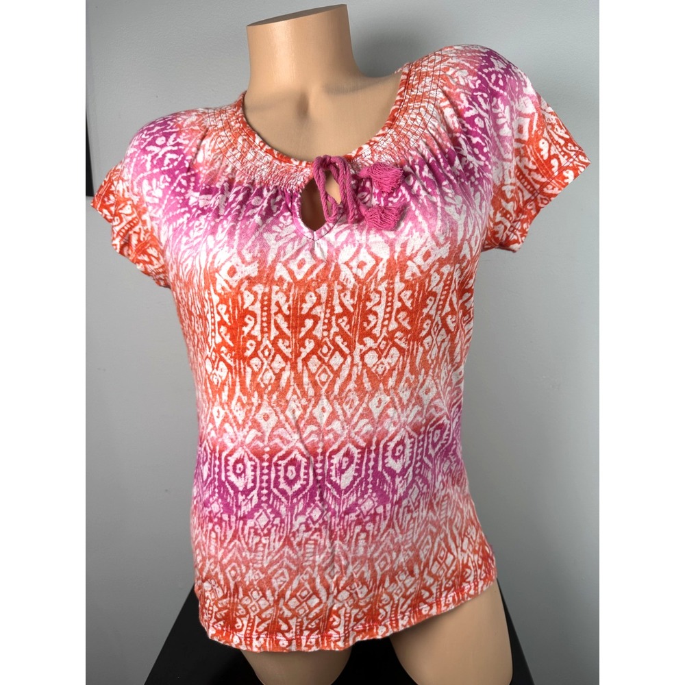 Lauren Ralph Lauren Medium Top Womens 100% Cotton Pink Orange Boho Short Sleeve